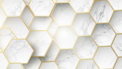 seamless pattern with hexagons, gold hexagon frame on a white marble background, 