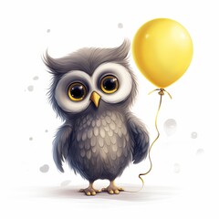 Fototapeta premium Adorable cartoon owl with a big yellow balloon, perfect for whimsical designs and children's