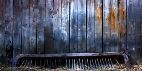 Weathered hay rake leans against barn wall, bearing the marks of time. Concept Agricultural equipment, Farm life, Country living, Rustic charm, Weathered textures