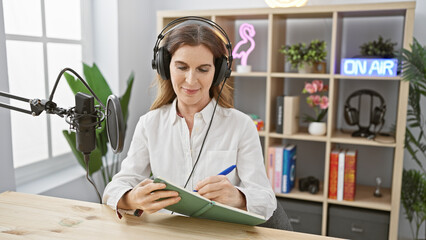 Middle-aged woman writing in a notebook at a podcast set with headphones and microphone indoors.