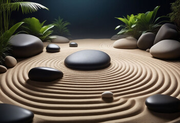 Obraz premium A peaceful Zen rock garden with carefully arranged rocks and sand, symbolizing the flow of energy and the balance of elements in nature