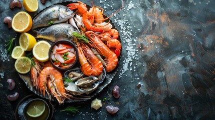 A plate of seafood including shrimp, oysters