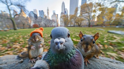  In a busy city park, a pigeon, a rat and a squirrel in funny hats will take selfies with the cityscape as a backdrop.