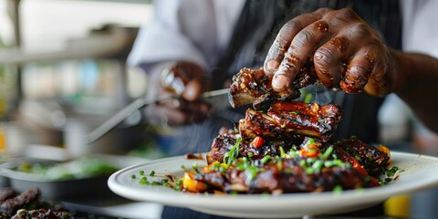 Close-up photo of a chef garnishing a plate of barbecued ribs, one of the traditional dishes of Juneteenth, focus on the hands and the vibrant colors of the food