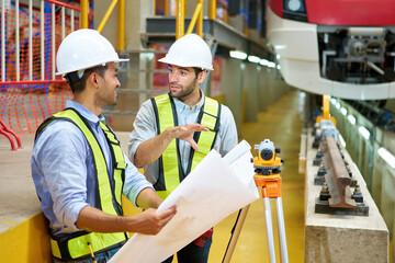 Workers or engineers talking about work and checking blueprint paper at construction train station