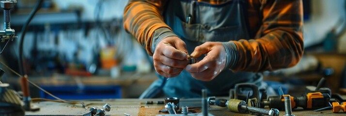 Man with occupational therapy training carefully fastening nut onto bolt.