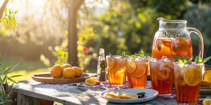 Cozy setting of a Juneteenth family picnic with traditional beverages like sweet tea and lemonade, natural outdoor light, with copy space for drink recipes or family stories