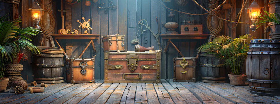 Pirate-Themed Stage Pedestal. Brown and Gold Decor with Treasure Chests and Adventure Elements.