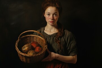 Classic-styled painting of a woman holding a wicker basket filled with fruits
