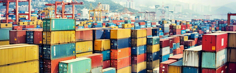 Fototapeta premium Stacked Shipping Containers in the Harbor: A Glimpse into the Logistics Industry
