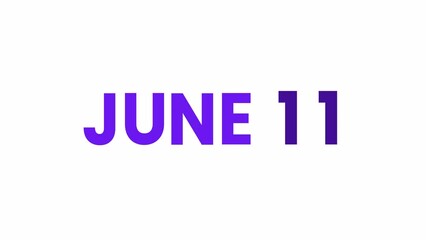 11th June calendar icon animation. Alpha matte with transparent background 4K resolution.