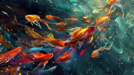 Abstract Fish Shoals, Artistic representations of fish shoals with fluid shapes and vibrant colors