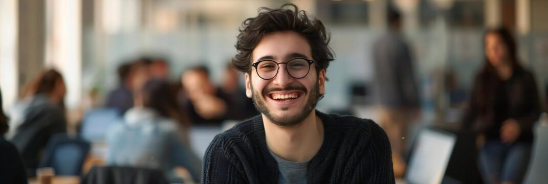 Cheerful, Youthful Programmer Thriving in Contemporary Office Environment