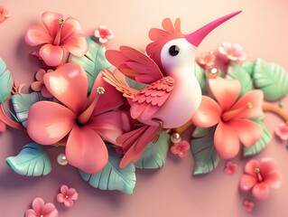 Create a Brightly color image of a hummingbird surrounded by tropical flowers all in Photographic art and High Definition