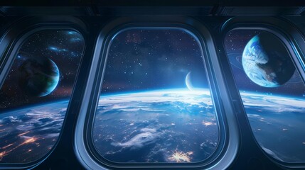 Naklejka premium breathtaking view of earth from spaceship window planets and stars in deep space digital illustration