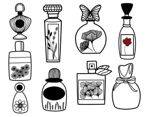 Hand drawn of perfume bottles doodle set. Vector illustration style.