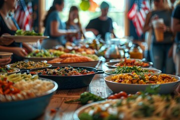 A vibrant buffet table adorned with diverse dishes, set in a social gathering with people in conversation and a festive atmosphere.