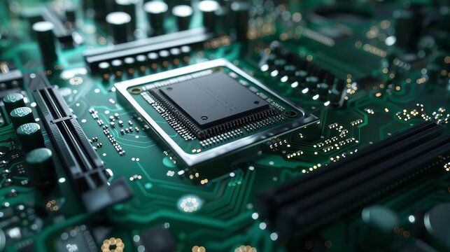 closeup of highperformance gpu chip on green motherboard intricate circuitry for gaming and computing