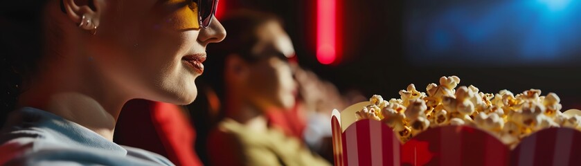 Close-up of a person enjoying popcorn at a movie theater, capturing the ambiance with red and blue lights in the background.