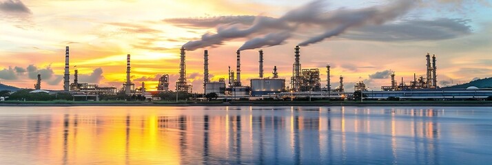 Industrial Dusk: Sunset over Oil Refinery and Petrochemical Plant