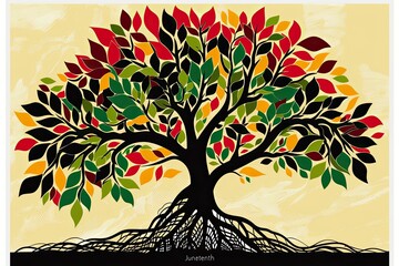 Concept Graphic poster depicting a stylized tree with leaves of black, red, green and yellow colors, symbolizing the day of Juneteenth