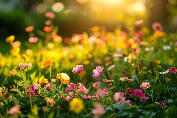 Vibrant blooming flowers and lush greenery in a spring meadow, with warm sunlight casting a golden glow.