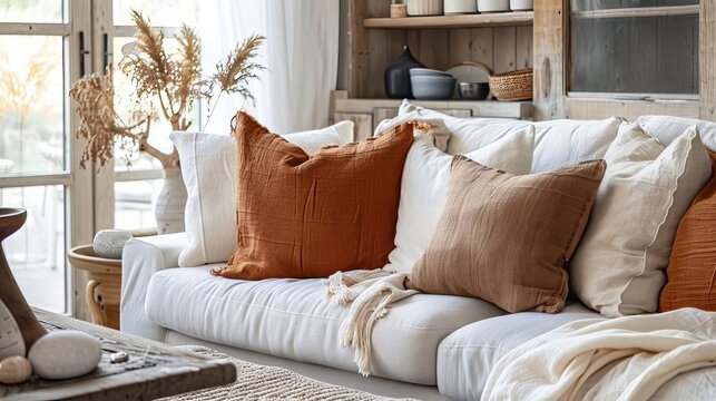 cozy french country living room with a plush fabric sofa terra cotta and white pillows and rustic decor elements