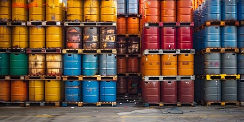 Symbolism of Stacked Oil Barrels and Chemical Drums in Large-Scale Hazardous Waste Storage. Concept Hazardous Waste Disposal, Oil Contamination, Environmental Impact, Industrial Pollution