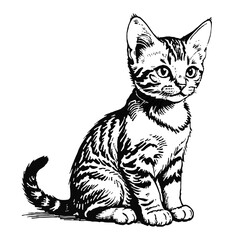 Obraz premium Wild Bengal Cat Kitten Hand Drawn Engraved Ink Line Art Sketch Illustration