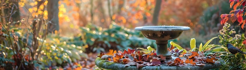 Tranquil Autumn Backyard with Birdbath and Vibrant Foliage