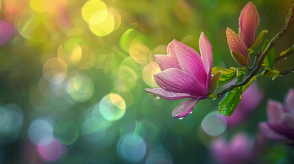 Fototapeta premium Blossom Magnolia flower on tree. Nature background with Beautiful bokeh 