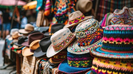 A colorful traditional crafts market with a variety of handmade hats, textiles, and cultural souvenirs for sale.