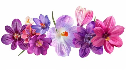 delicate spring flowers crocus cyclamen dianthus dahlia bouquet on white background realistic botanical illustration