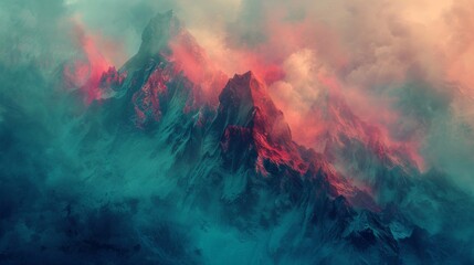 Abstract Foggy Mountains, Stylized representations of foggy mountains with surreal elements and...