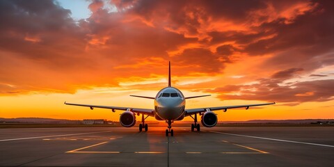 Airplane ready for takeoff against vibrant sunset symbolizing travel excitement and adventure. Concept Travel, Adventure, Airplane, Sunset, Excitement