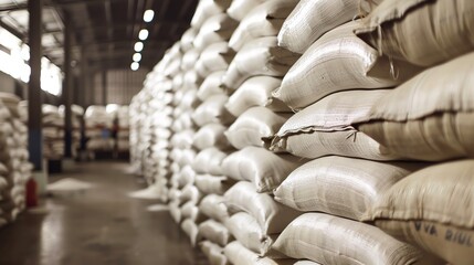 Naklejka premium Warehouse filled with neatly stacked sacks of goods, capturing the essence of industrial storage and bulk logistics.