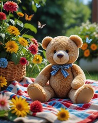An Adorable Plush Teddy Bear Sitting on a Picnic Blanket in a Sunny Garden, Surrounded by Colorful Flowers and Butterflies