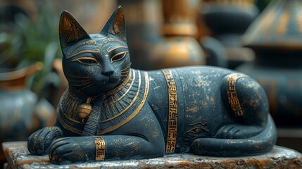 Ancient Egyptian black cat with golden ornaments. Statuette with a black interior, podium. Sacred...