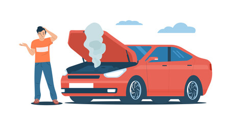 Man standing next to a broken down car with the hood open. Vector illustration.