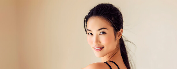 Asian model on a soft pastel tone background.