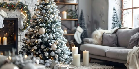 Cozy living room with decorated Christmas tree candles and festive decor. Concept Christmas, Festive Decor, Living Room, Cozy, Candles