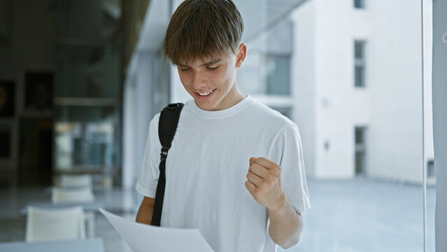 A young caucasian teen boy expressing joy while reading a document on a university campus