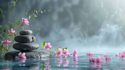 serene spa background stones and candles , water, flowers and steam, natural light, tranquil atmosphere for relaxation and meditation, spa retreats, wellness centers, relaxation spaces.