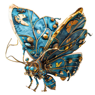 Blue and golden robotic steampunk butterfly as mec on transparent background, png