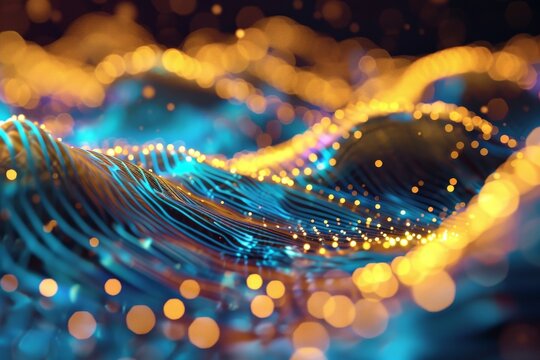 Abstract background with gold and blue glowing neon moving high-speed wave lines and bokeh lights. Visualization of sound waves. Data transfer concept. Fantastic wallpaper, AI-generated