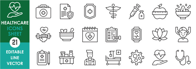 A set of line icons related to healthcare and medical. Medicine, healthcare, healthy food, gym, virus, hospital, wellness, fitness and so on. Vector outline icons set.