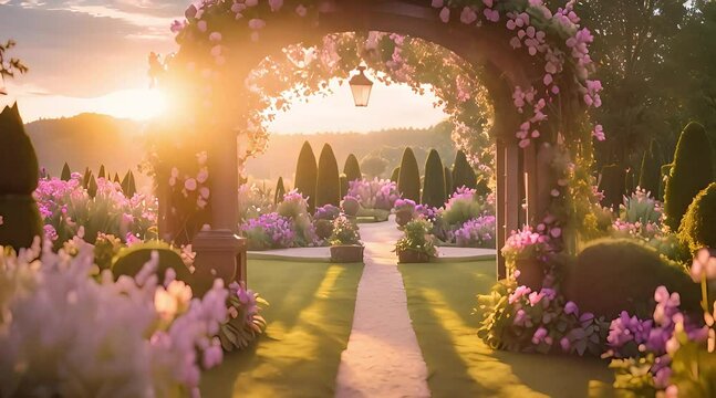 Magical sunset casting a golden glow over a secluded fairytale garden, where whimsical creatures gather under enchanting flower arches