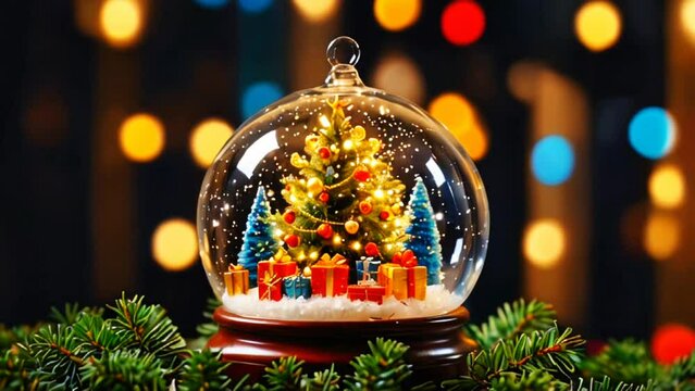 a Christmas tree with beautiful and sparkling lights with gifts underneath and Santa Claus with his train flying around the Christmas tree with a cheerful and happy atmosphere in the background.