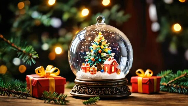 a Christmas tree with beautiful and sparkling lights with gifts underneath and Santa Claus with his train flying around the Christmas tree with a cheerful and happy atmosphere in the background.