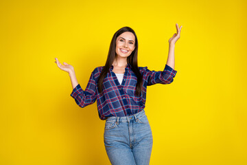 Photo portrait of attractive young woman raise hands dressed stylish plaid clothes isolated on...